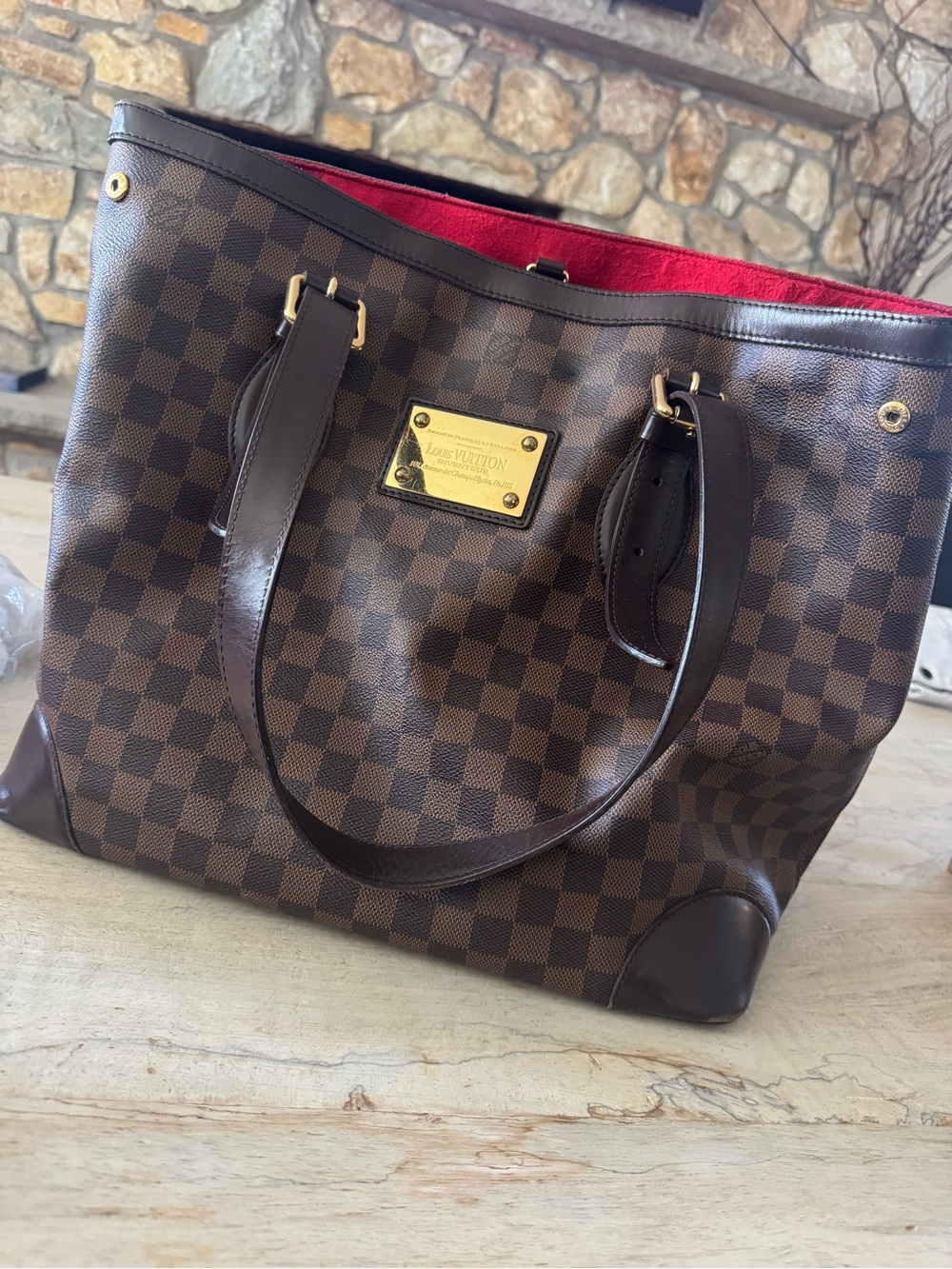 Louis Vuitton Damier Ebene Tote with Red Interior and Gold Plaque